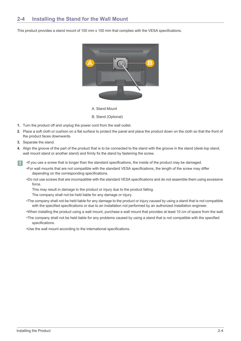 4 installing the stand for the wall mount, Installing the stand for the wall mount -4 | Samsung LS24LRZKUV-ZA User Manual | Page 15 / 44