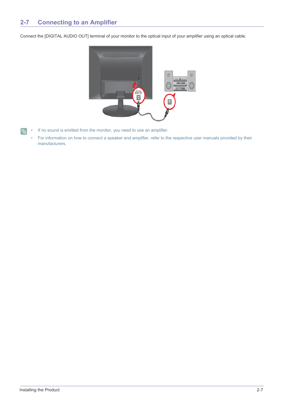 7 connecting to an amplifier, Connecting to an amplifier -7 | Samsung LS24LRZKUV-ZA User Manual | Page 19 / 44