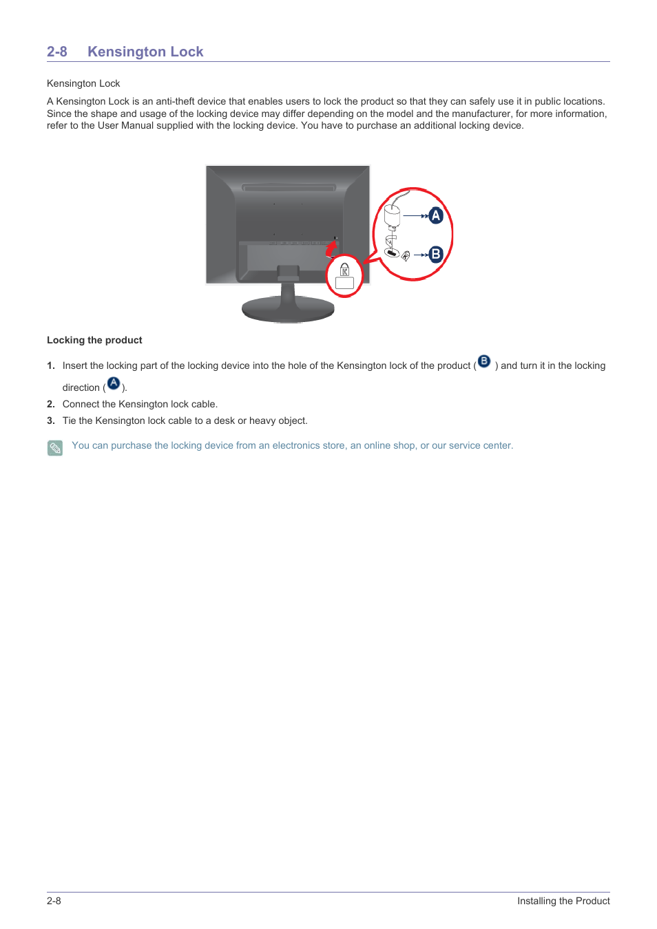 8 kensington lock, Kensington lock -8 | Samsung LS24LRZKUV-ZA User Manual | Page 20 / 44