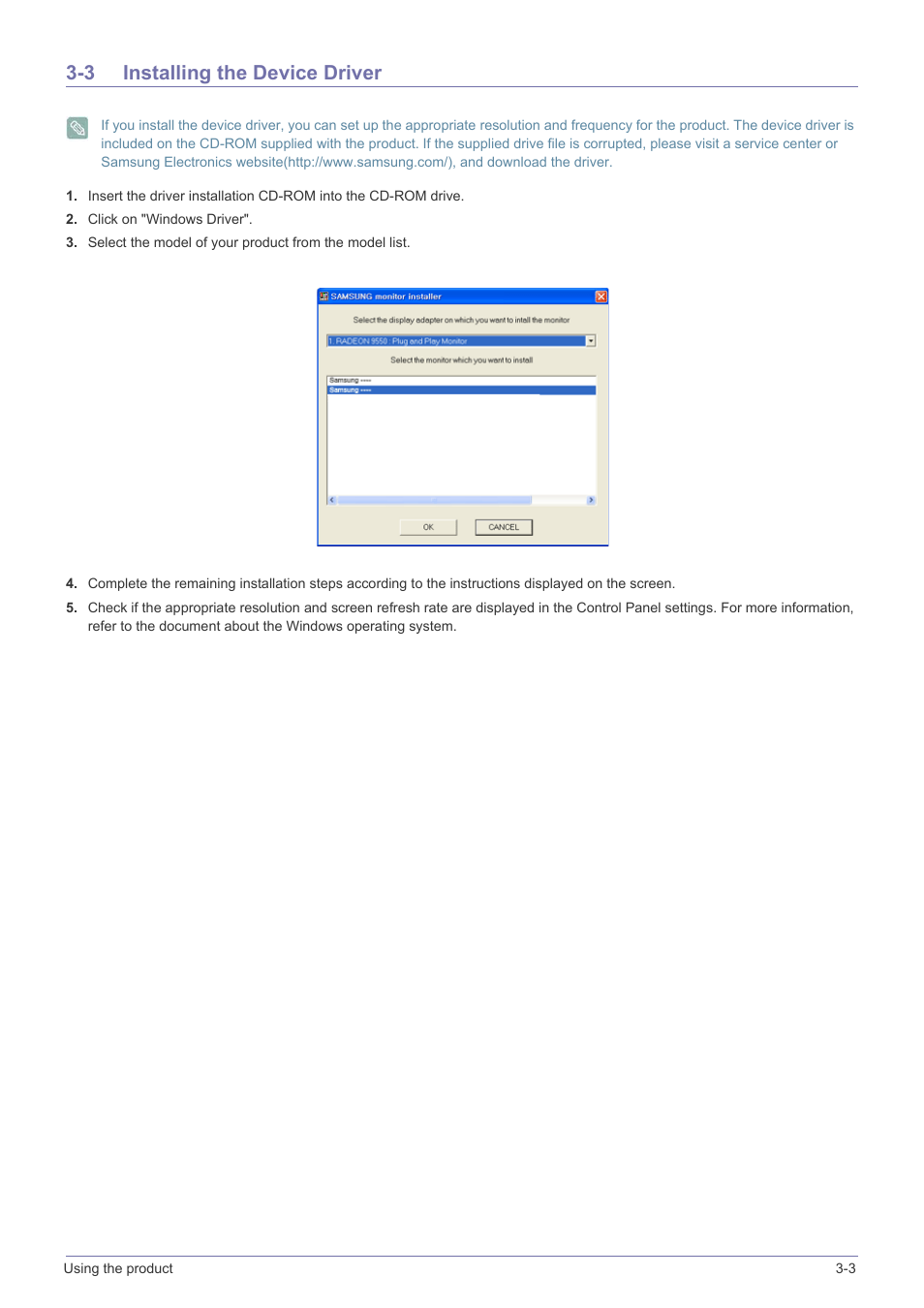 3 installing the device driver, Installing the device driver -3 | Samsung LS24LRZKUV-ZA User Manual | Page 23 / 44