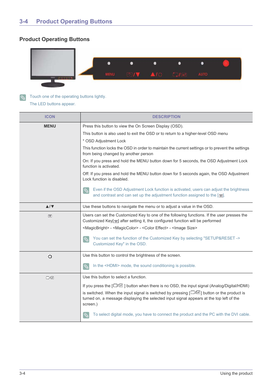 4 product operating buttons, Product operating buttons -4, Product operating buttons | Samsung LS24LRZKUV-ZA User Manual | Page 24 / 44