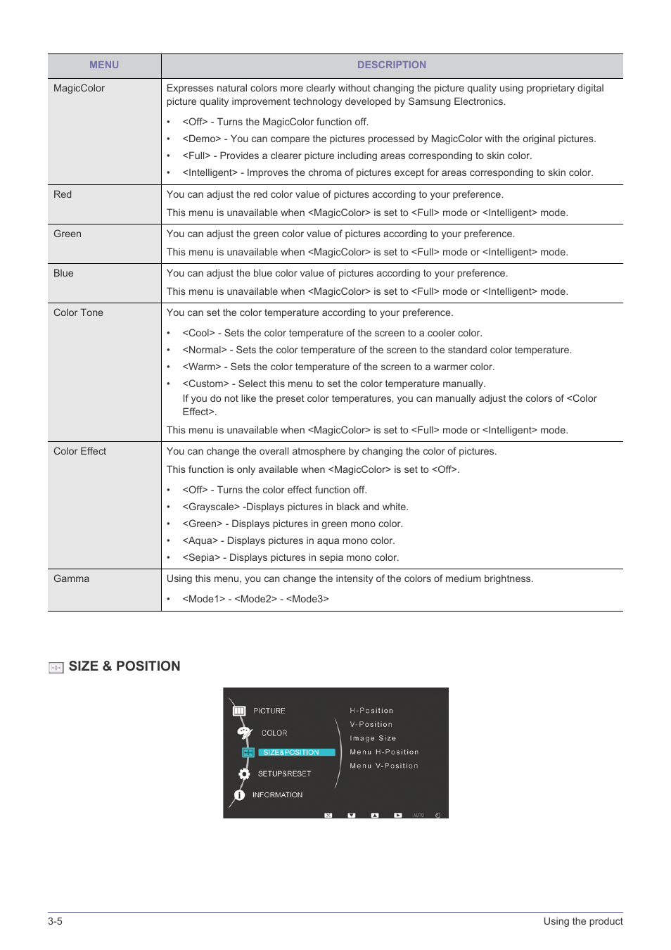 Size & position | Samsung LS24LRZKUV-ZA User Manual | Page 28 / 44