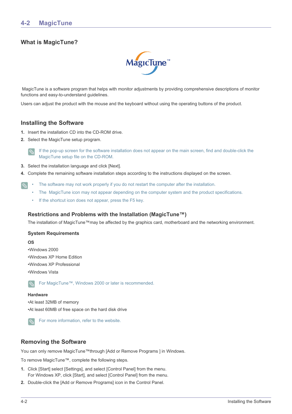 2 magictune, Magictune -2, What is magictune | Installing the software, Removing the software | Samsung LS24LRZKUV-ZA User Manual | Page 32 / 44