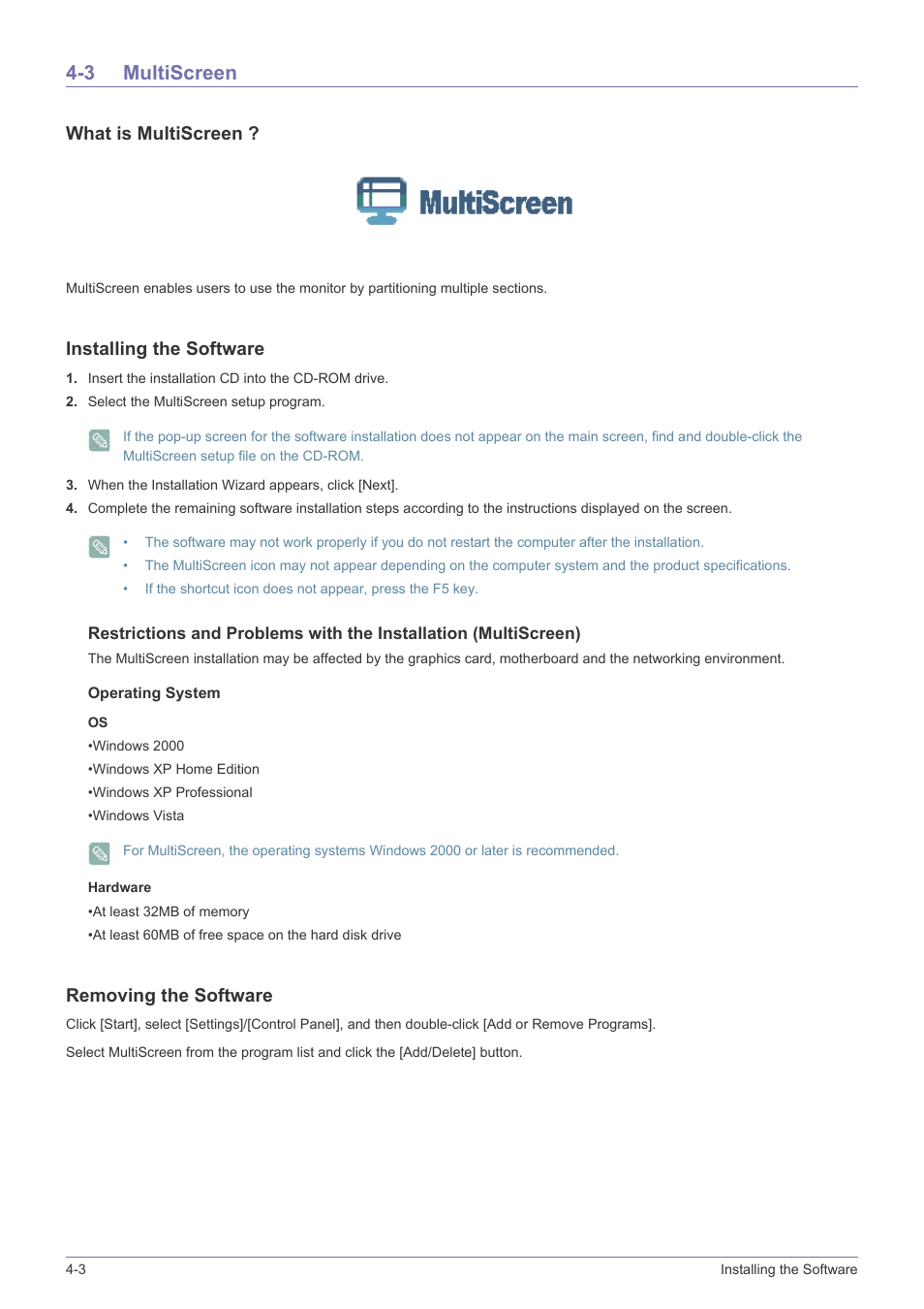 3 multiscreen, Multiscreen -3, What is multiscreen | Installing the software, Removing the software | Samsung LS24LRZKUV-ZA User Manual | Page 34 / 44