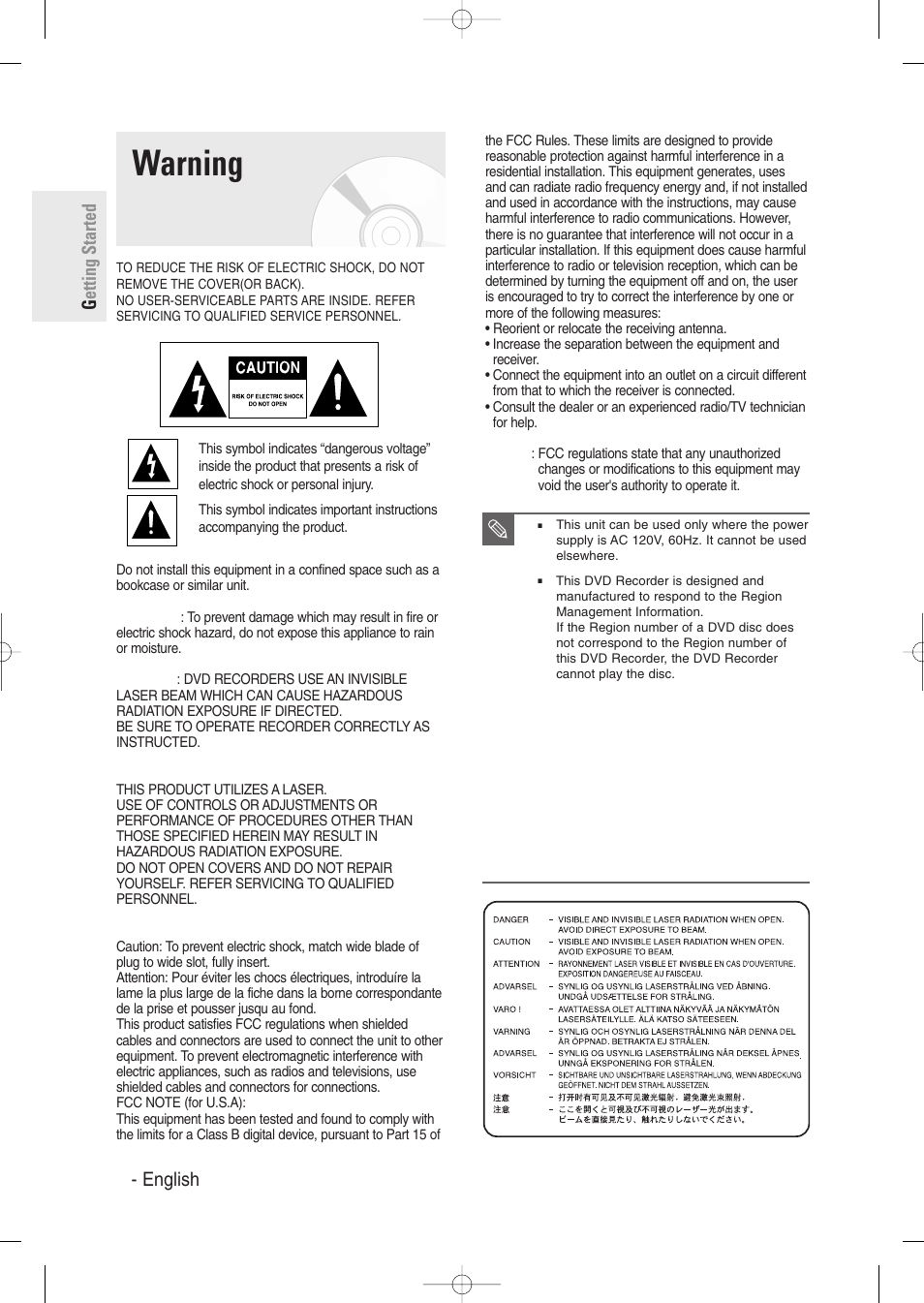 Warning, Getting started 2 - english | Samsung DVD-R129-XAA User Manual | Page 2 / 98