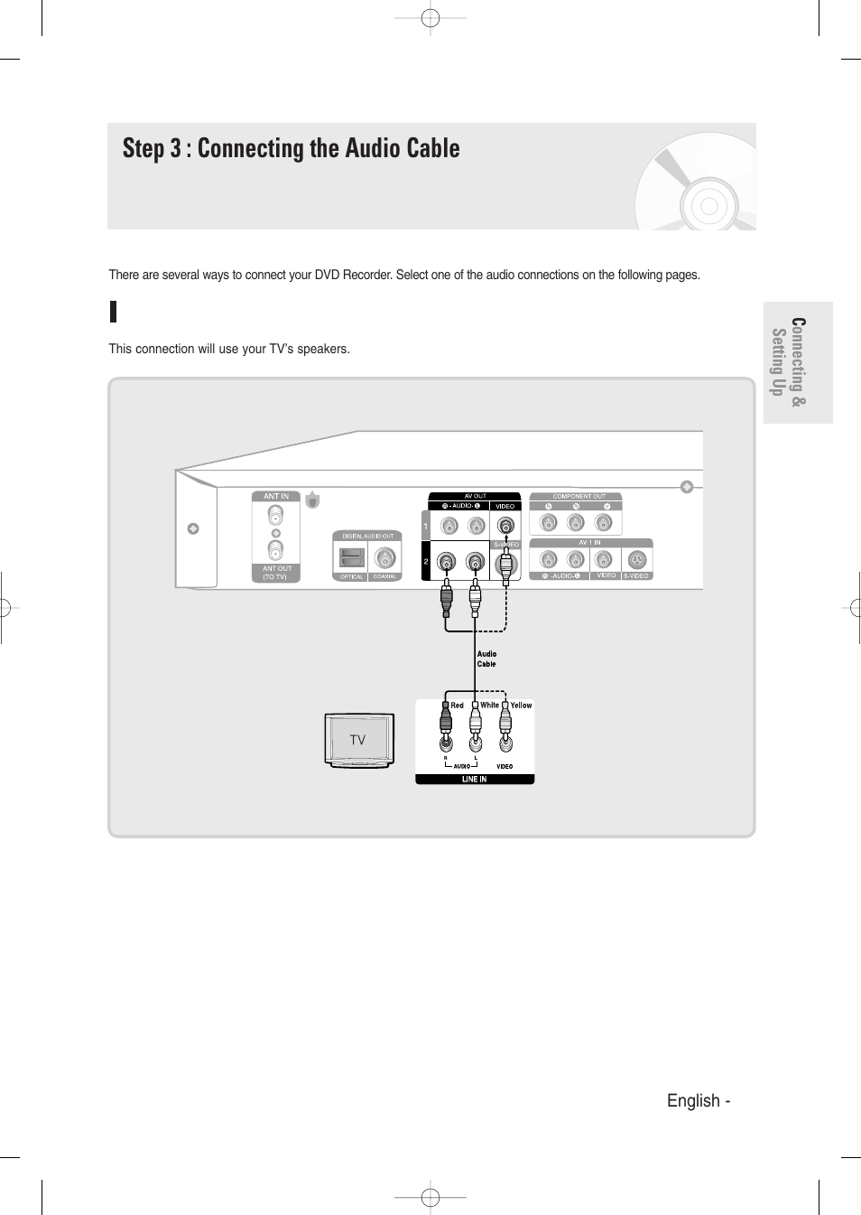 Step 3 : connecting the audio cable, Connecting to your tv | Samsung DVD-R129-XAA User Manual | Page 21 / 98