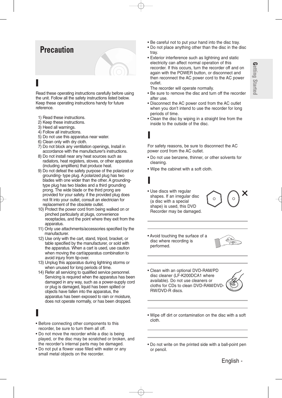 Precaution, Important safety instructions, Handling cautions | Maintenance of cabinet, Disc handling | Samsung DVD-R129-XAA User Manual | Page 3 / 98
