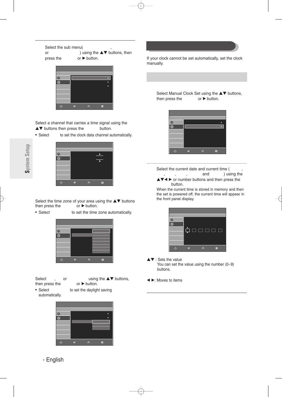 30 - english s ystem setup, Manual clock set, Clock data ch | Time zone, Daylight saving | Samsung DVD-R129-XAA User Manual | Page 30 / 98