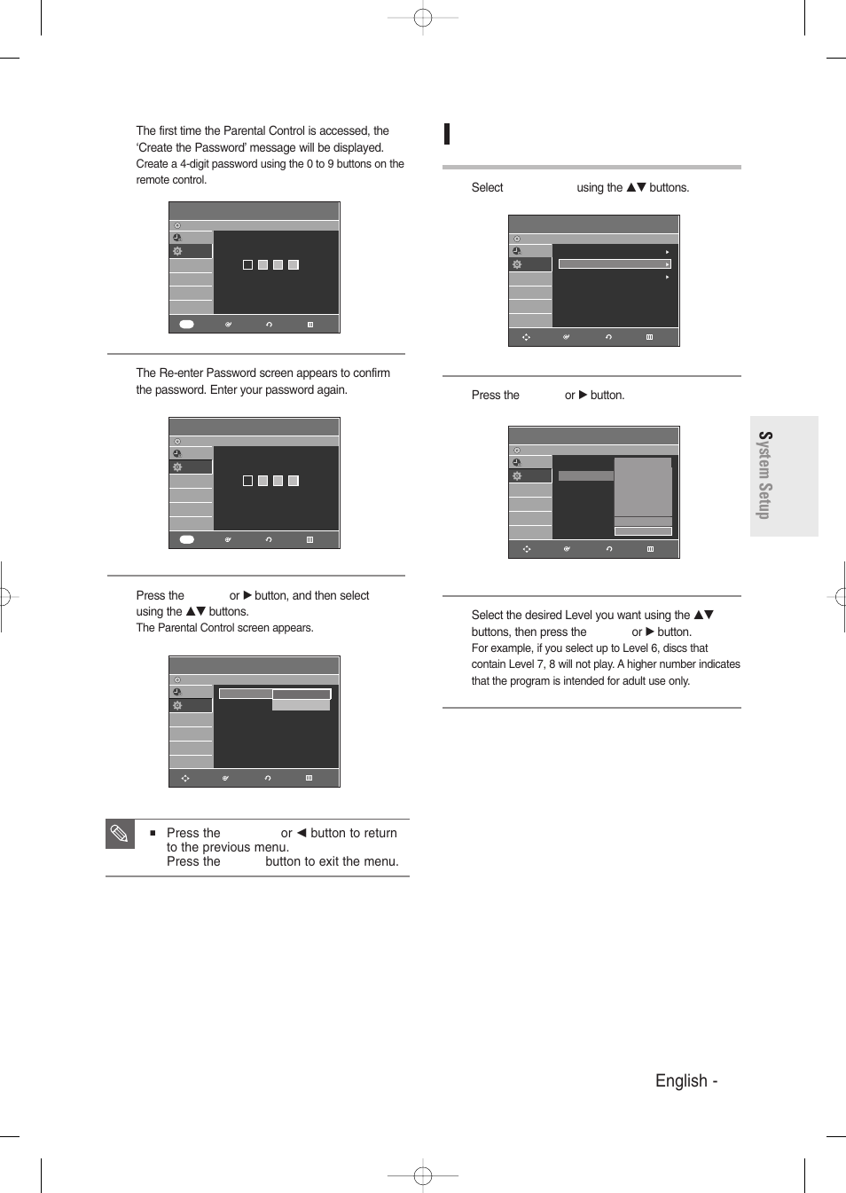Setting the rating level, English - 41, System setup | Press the return or, Select rating level using the …† buttons, Press the enter or √ button | Samsung DVD-R129-XAA User Manual | Page 41 / 98