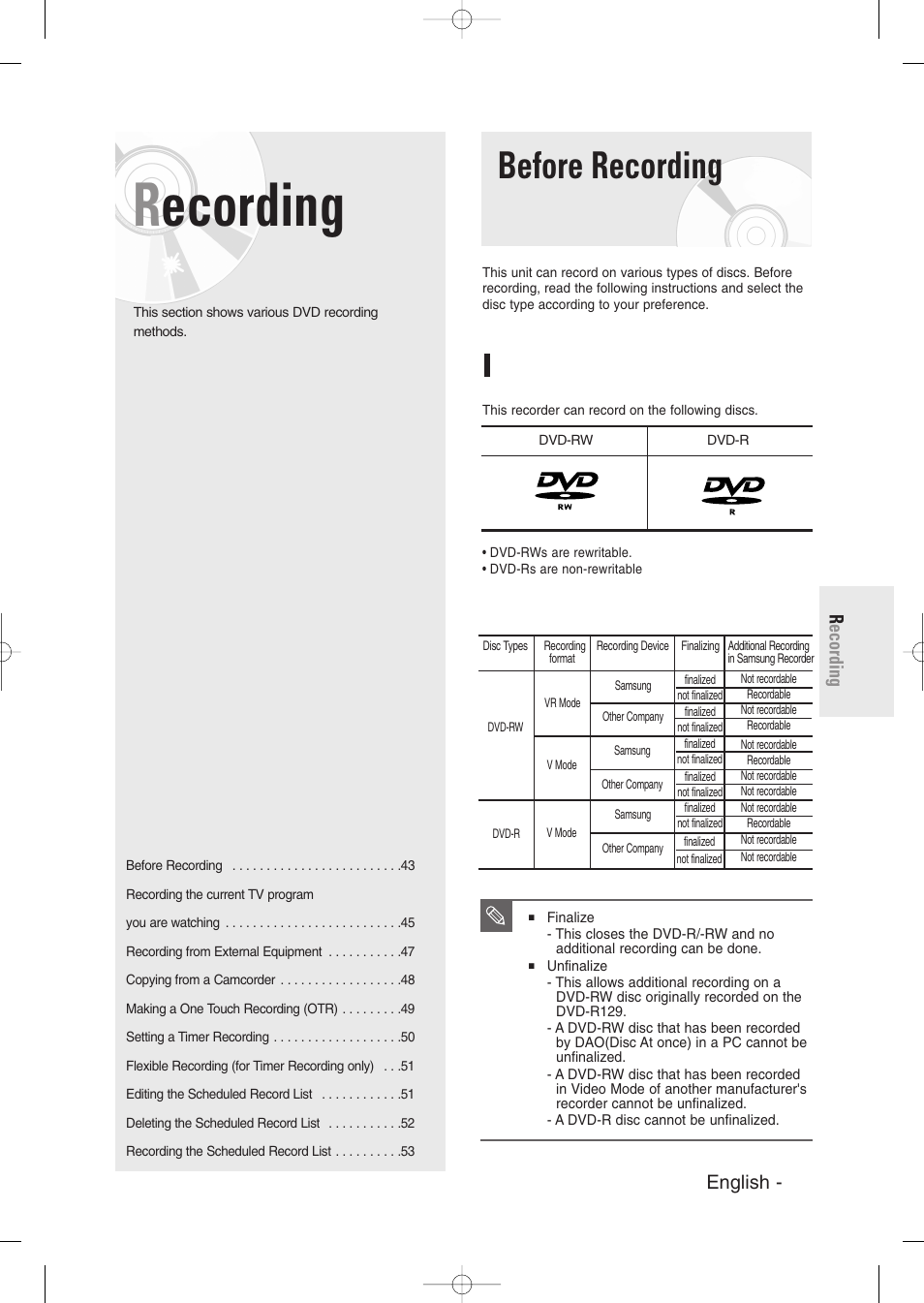 Recording, Before recording, Recordable discs | English - 43 r ecording | Samsung DVD-R129-XAA User Manual | Page 43 / 98