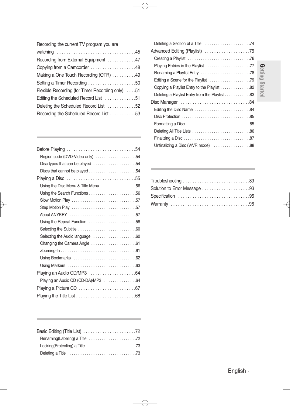 Getting started english - 7, Playback, Editing | Additional information | Samsung DVD-R129-XAA User Manual | Page 7 / 98