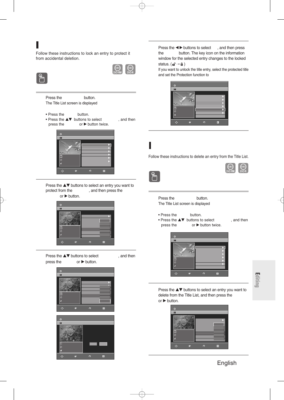 Locking (protecting) a title, Deleting a title, English - 73 e diting locking (protecting) a title | Using the title list button, Using the menu button, Press the title list button, The title list screen is displayed | Samsung DVD-R129-XAA User Manual | Page 73 / 98
