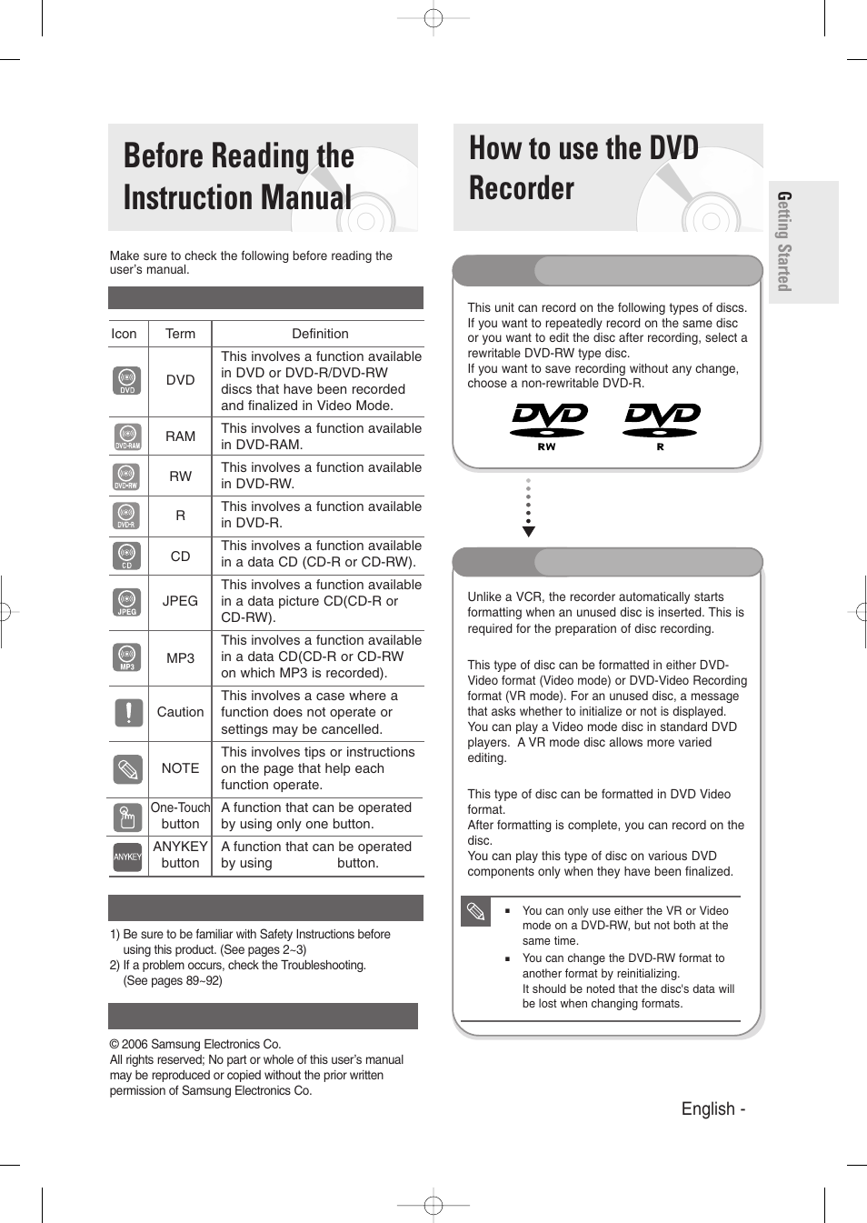 Before reading the instruction manual, How to use the dvd recorder, Step 1 | Step 2, Select the disc type, Format the disc to start recording, Getting started english - 9 | Samsung DVD-R129-XAA User Manual | Page 9 / 98