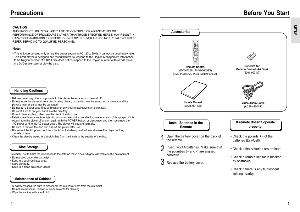 Precautions, Before you start | Samsung DVD-P331-XAA User Manual | Page 3 / 23