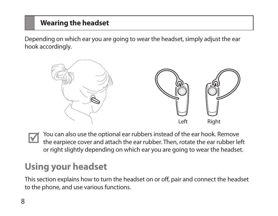 Wearing the headset, Using your headset | Samsung BHM6000NDACSTA User Manual | Page 10 / 71