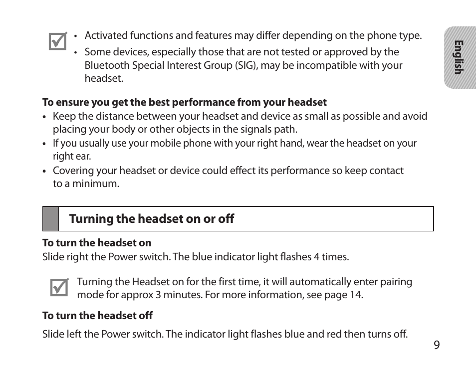 Turning the headset on or off | Samsung BHM6000NDACSTA User Manual | Page 11 / 71