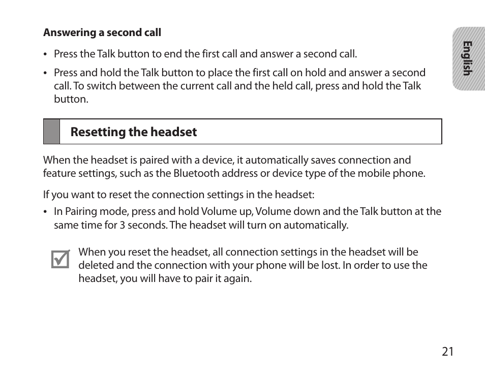 Resetting the headset | Samsung BHM6000NDACSTA User Manual | Page 23 / 71