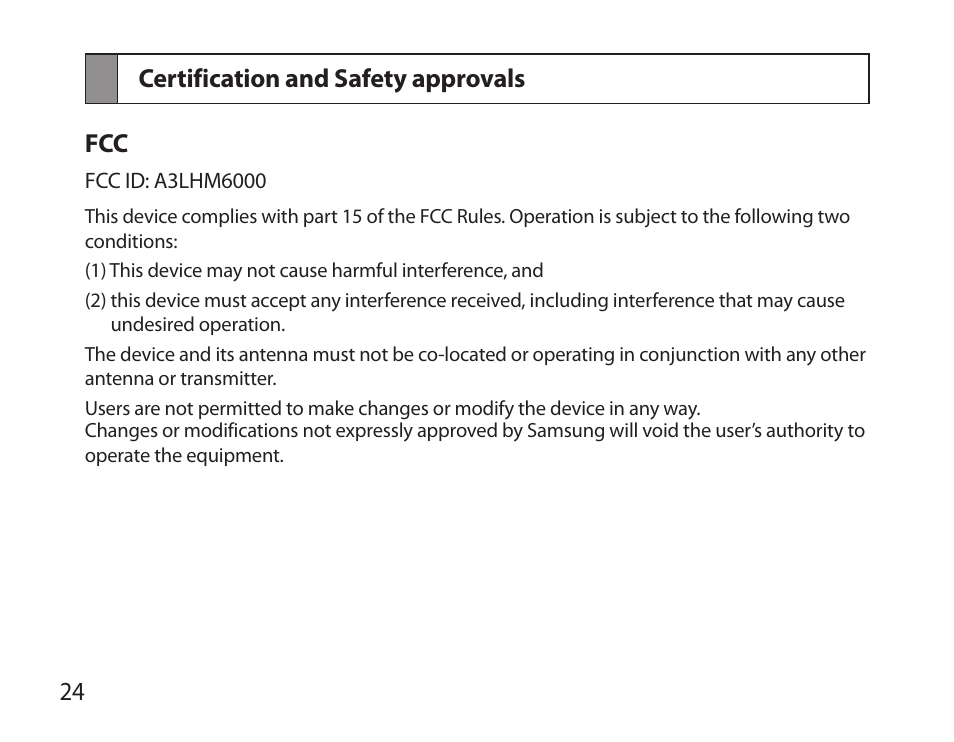 Certification and safety approvals, 24 certification and safety approvals fcc | Samsung BHM6000NDACSTA User Manual | Page 26 / 71