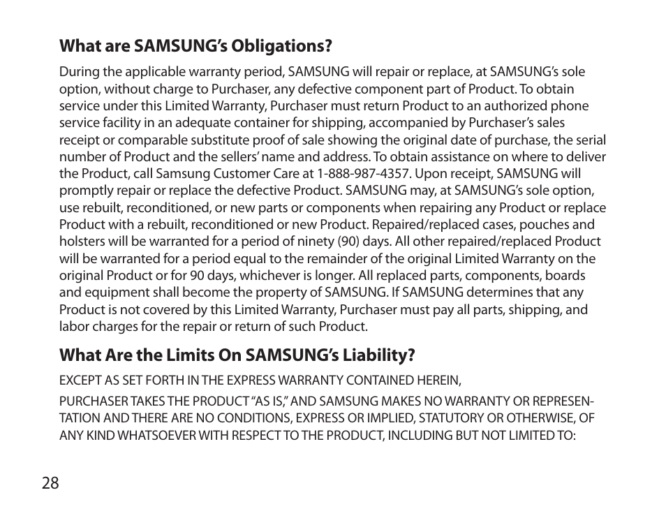 28 what are samsung’s obligations, What are the limits on samsung’s liability | Samsung BHM6000NDACSTA User Manual | Page 30 / 71