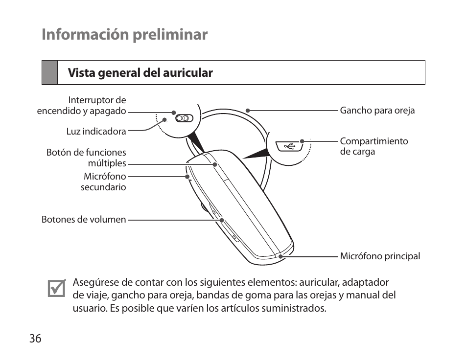 Información preliminar, Vista general del auricular | Samsung BHM6000NDACSTA User Manual | Page 38 / 71