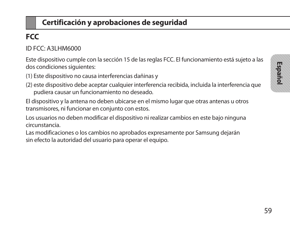 Certificación y aprobaciones de seguridad, Certificación y aprobaciones de seguridad fcc | Samsung BHM6000NDACSTA User Manual | Page 61 / 71