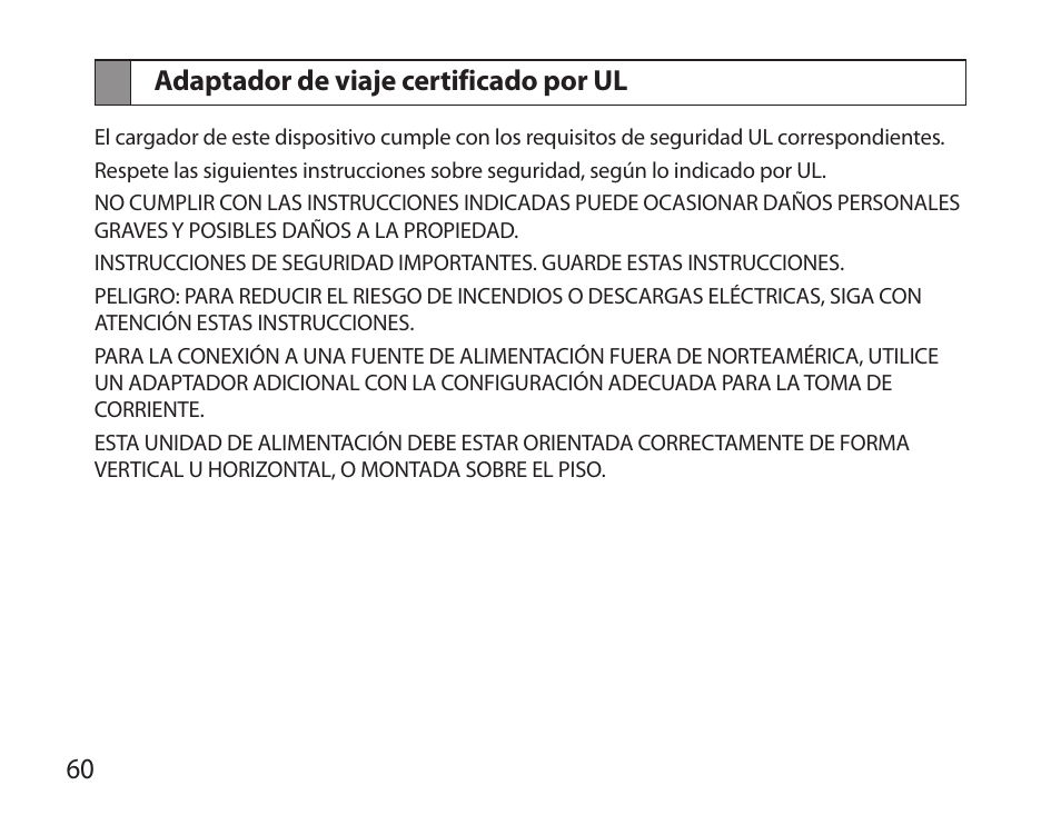 Adaptador de viaje certificado por ul, 60 adaptador de viaje certificado por ul | Samsung BHM6000NDACSTA User Manual | Page 62 / 71