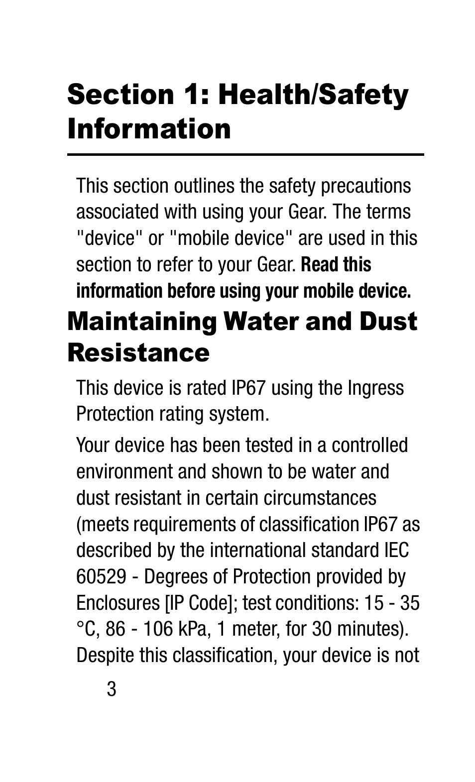 Section 1: health/safety information, Maintaining water and dust resistance, Maintaining water and dust | Resistance | Samsung SM-R3810ZAAXAR User Manual | Page 10 / 83