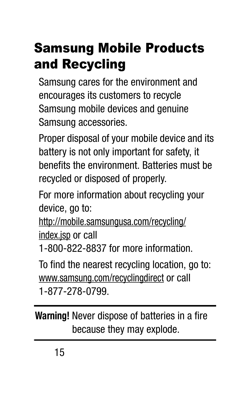 Samsung mobile products and recycling, Samsung mobile products and, Recycling | Samsung SM-R3810ZAAXAR User Manual | Page 22 / 83