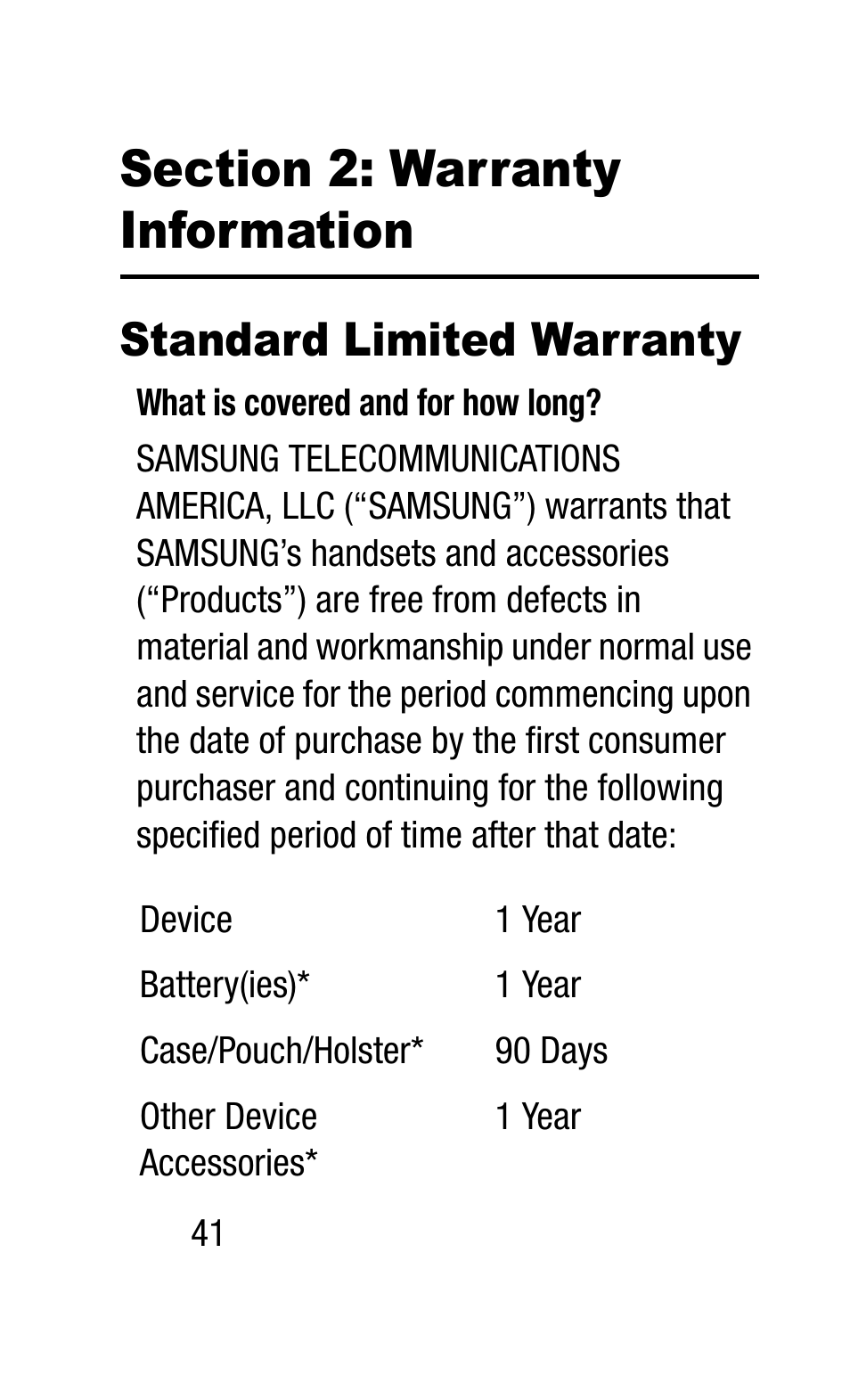 Section 2: warranty information, Standard limited warranty | Samsung SM-R3810ZAAXAR User Manual | Page 48 / 83