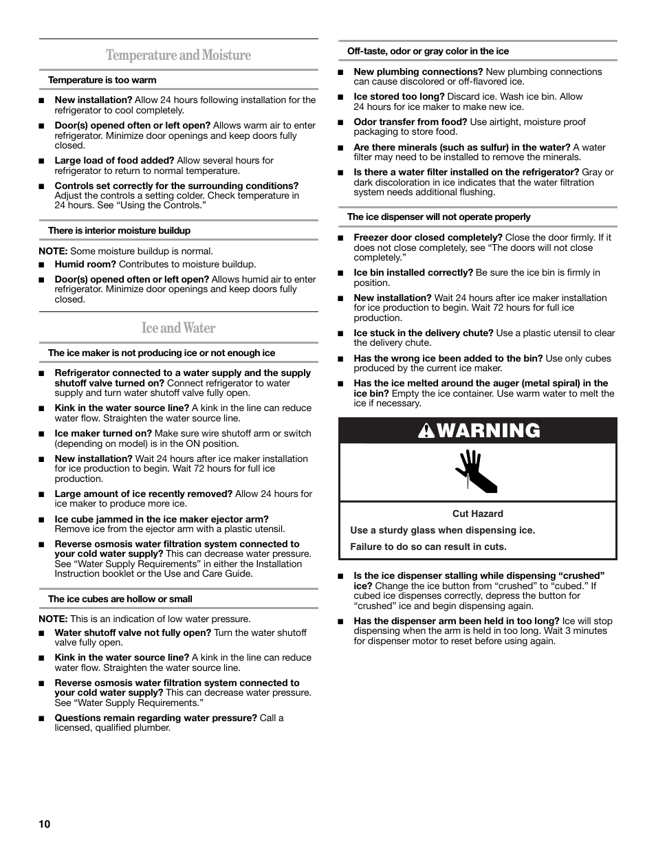 Warning, Temperature and moisture, Ice and water | Amana W10180388A User Manual | Page 10 / 42