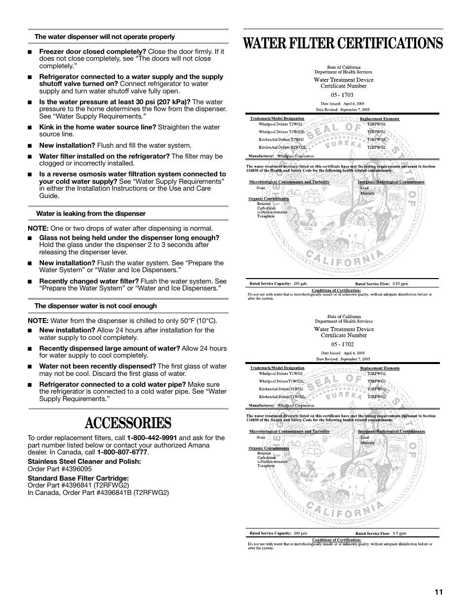 Accessories, Water filter certifications | Amana W10180388A User Manual | Page 11 / 42