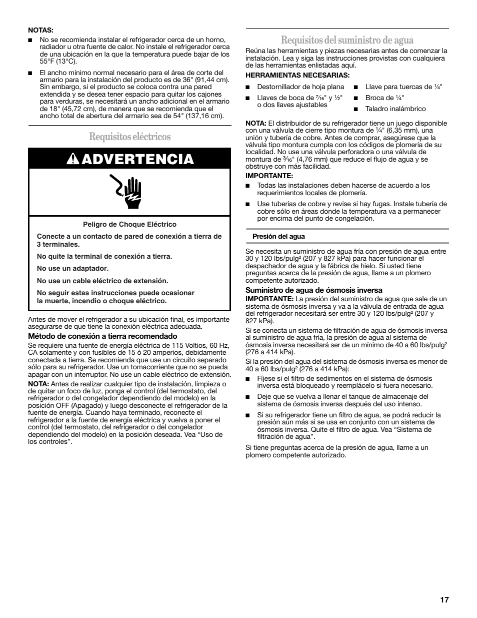 Advertencia, Requisitos eléctricos, Requisitos del suministro de agua | Amana W10180388A User Manual | Page 17 / 42