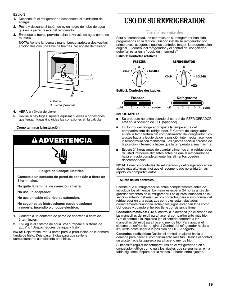 Uso de su refrigerador, Advertencia, Uso de los controles | Amana W10180388A User Manual | Page 19 / 42