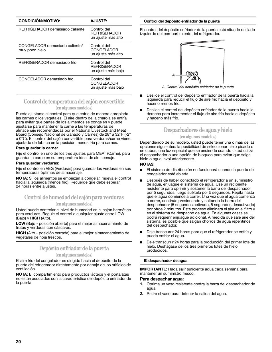 Control de temperatura del cajón convertible, Control de humedad del cajón para verduras, Depósito enfriador de la puerta | Despachadores de agua y hielo | Amana W10180388A User Manual | Page 20 / 42