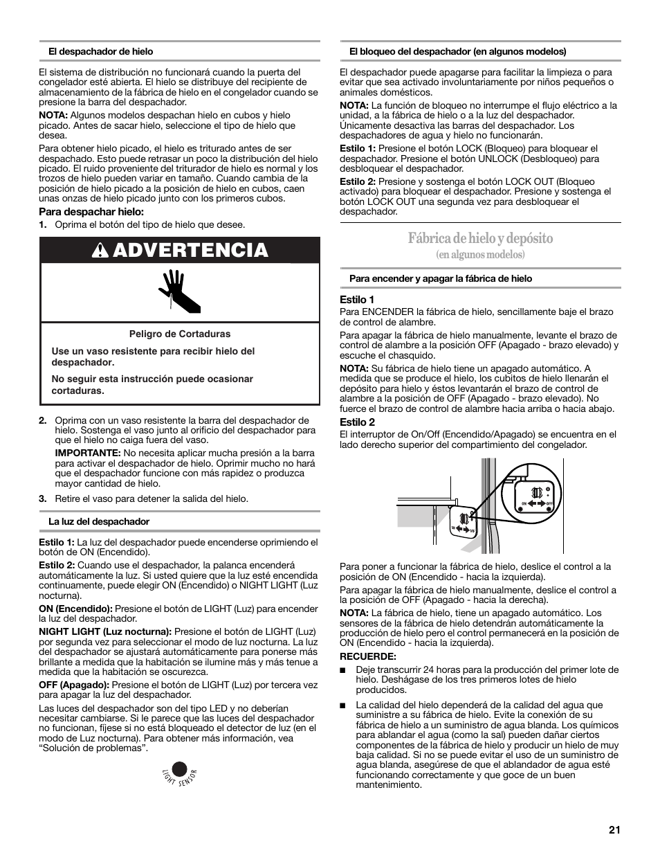 Advertencia, Fábrica de hielo y depósito | Amana W10180388A User Manual | Page 21 / 42