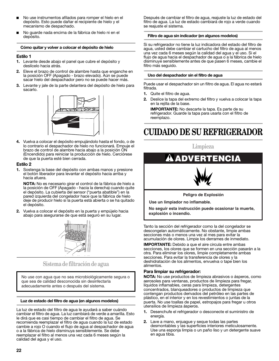 Cuidado de su refrigerador, Advertencia, Sistema de filtración de agua | Limpieza | Amana W10180388A User Manual | Page 22 / 42