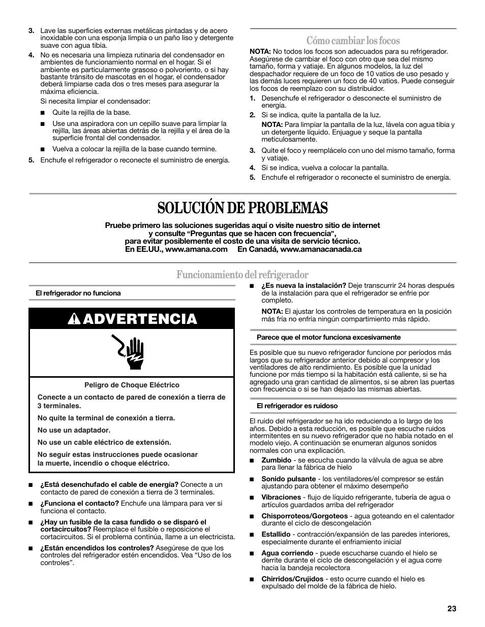 Solución de problemas, Advertencia, Cómo cambiar los focos | Funcionamiento del refrigerador | Amana W10180388A User Manual | Page 23 / 42