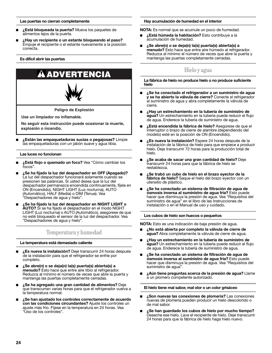 Advertencia, Temperatura y humedad, Hielo y agua | Amana W10180388A User Manual | Page 24 / 42