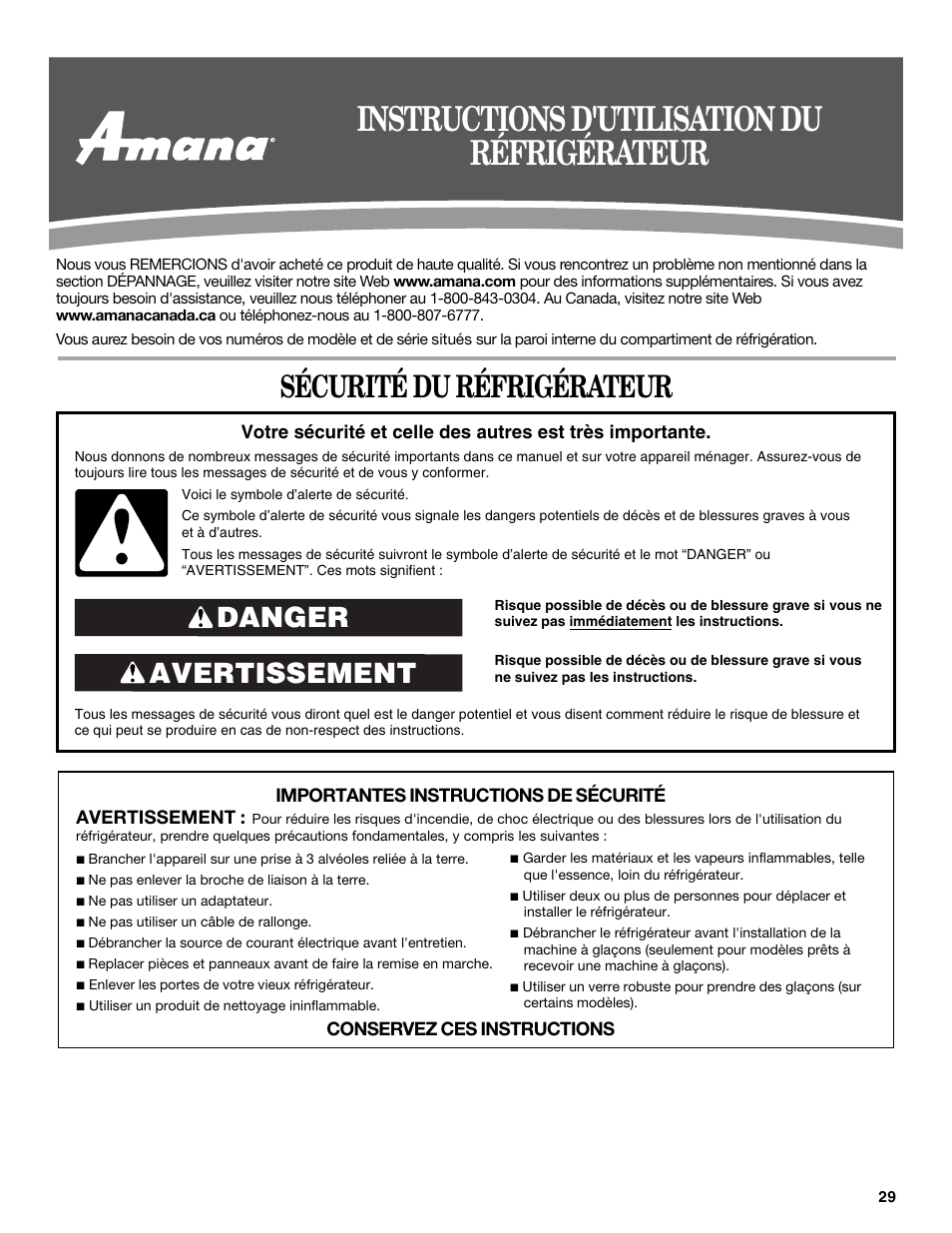 Instructions d'utilisation du réfrigérateur, Sécurité du réfrigérateur, Avertissement danger | Amana W10180388A User Manual | Page 29 / 42