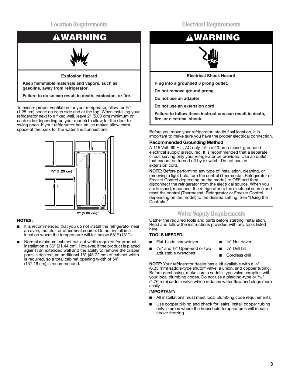 Warning, Location requirements, Electrical requirements | Water supply requirements | Amana W10180388A User Manual | Page 3 / 42