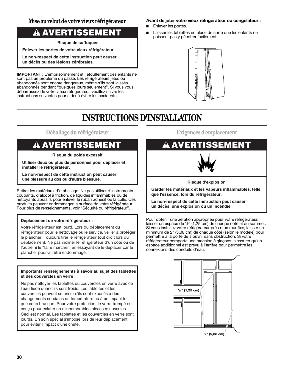 Instructions d'installation, Avertissement, Déballage du réfrigérateur | Exigences d'emplacement, Mise au rebut de votre vieux réfrigérateur | Amana W10180388A User Manual | Page 30 / 42