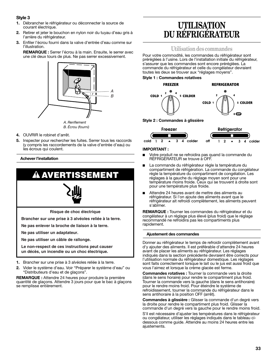 Utilisation du réfrigérateur, Avertissement, Utilisation des commandes | Amana W10180388A User Manual | Page 33 / 42