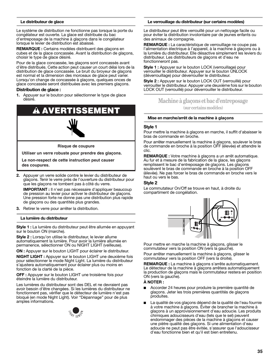 Avertissement, Machine à glaçons et bac d'entreposage | Amana W10180388A User Manual | Page 35 / 42