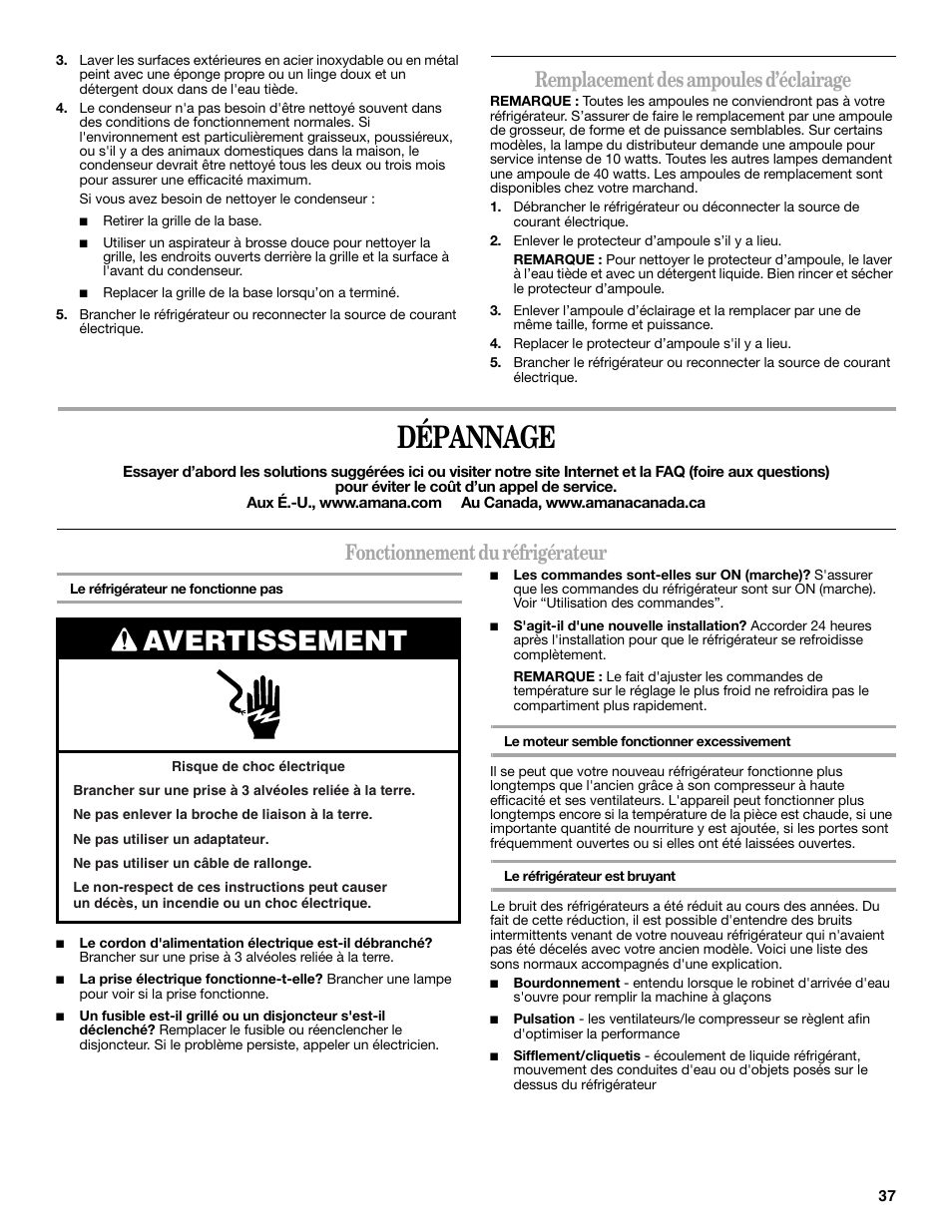 Dépannage, Avertissement, Remplacement des ampoules d’éclairage | Fonctionnement du réfrigérateur | Amana W10180388A User Manual | Page 37 / 42