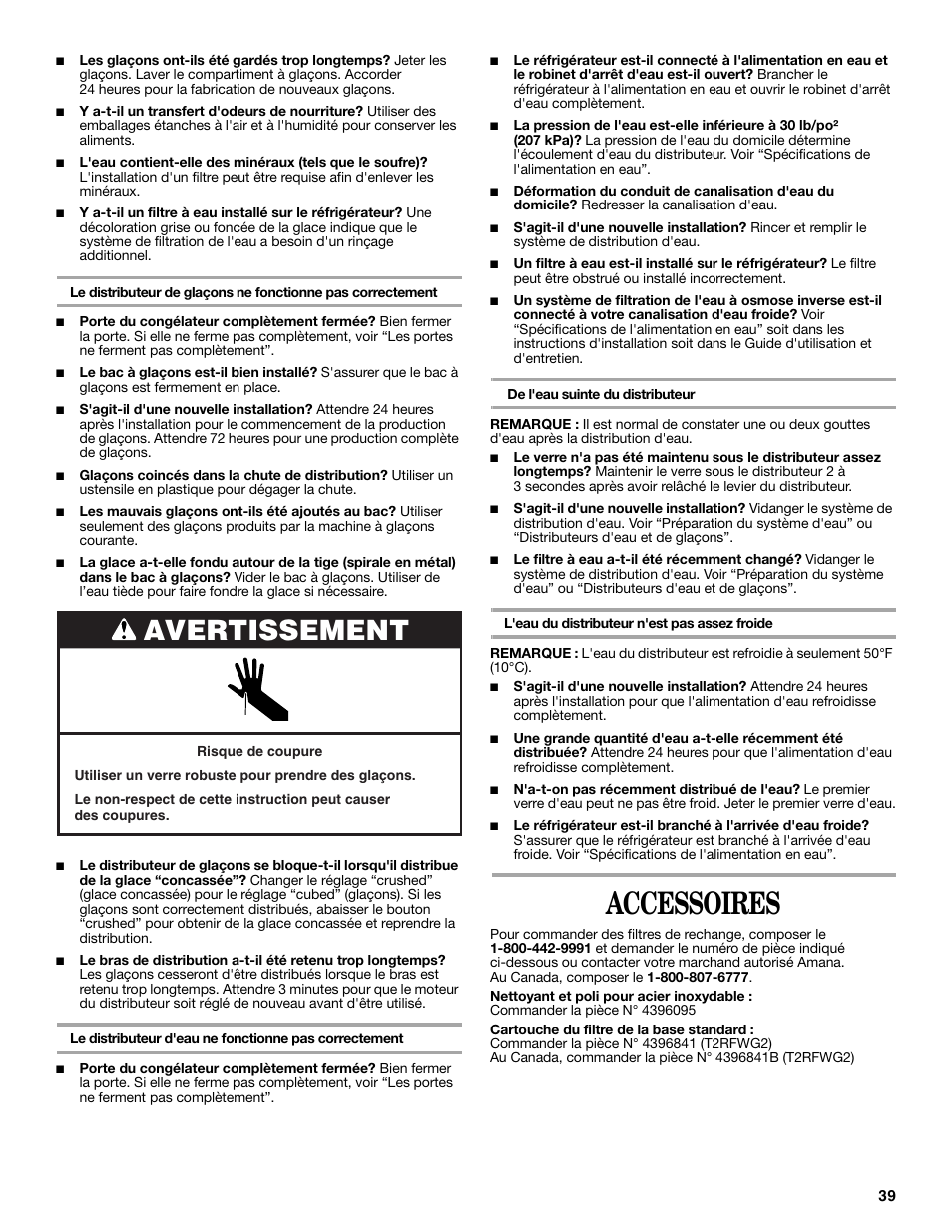 Accessoires, Avertissement | Amana W10180388A User Manual | Page 39 / 42
