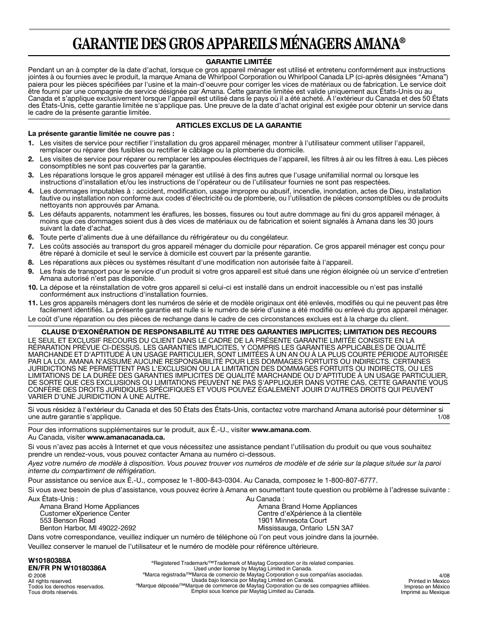Garantie des gros appareils ménagers amana | Amana W10180388A User Manual | Page 42 / 42