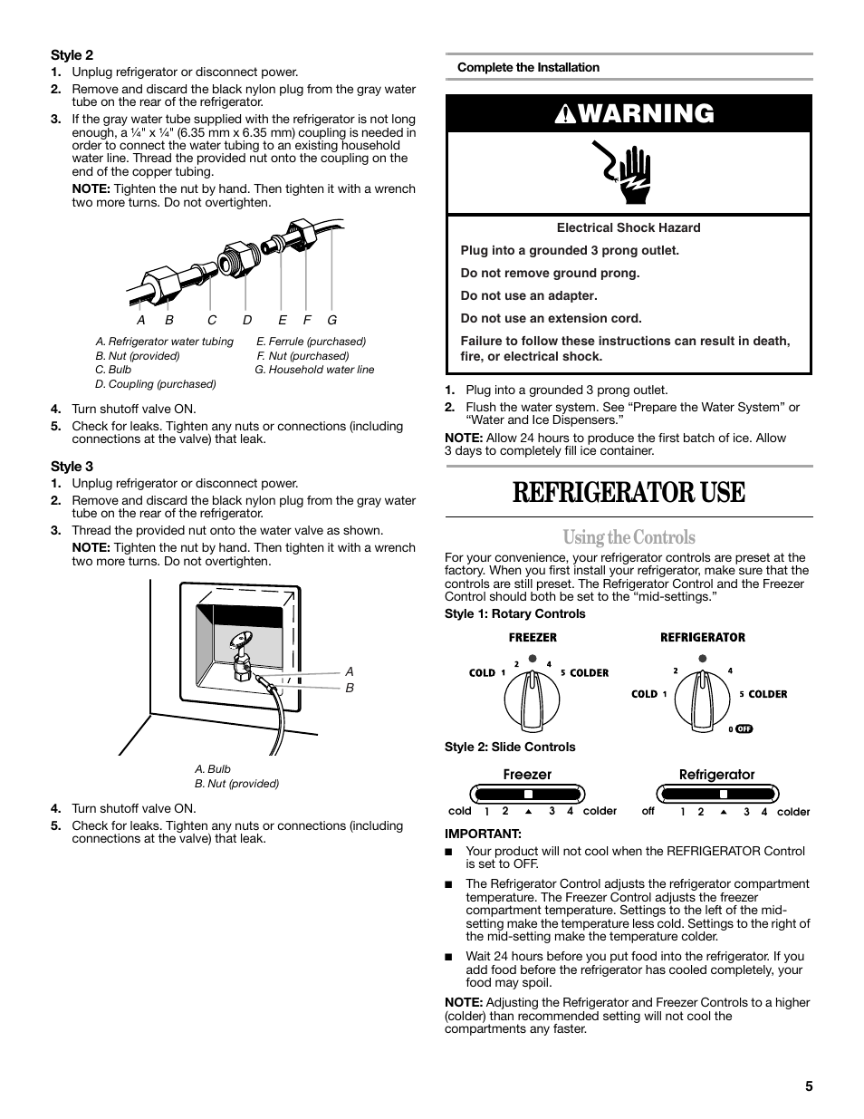 Refrigerator use, Warning, Using the controls | Amana W10180388A User Manual | Page 5 / 42