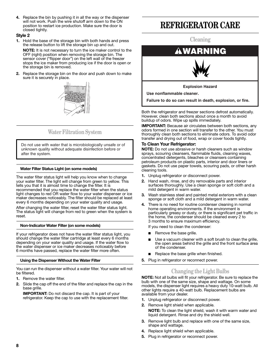 Refrigerator care, Warning, Water filtration system | Cleaning, Changing the light bulbs | Amana W10180388A User Manual | Page 8 / 42