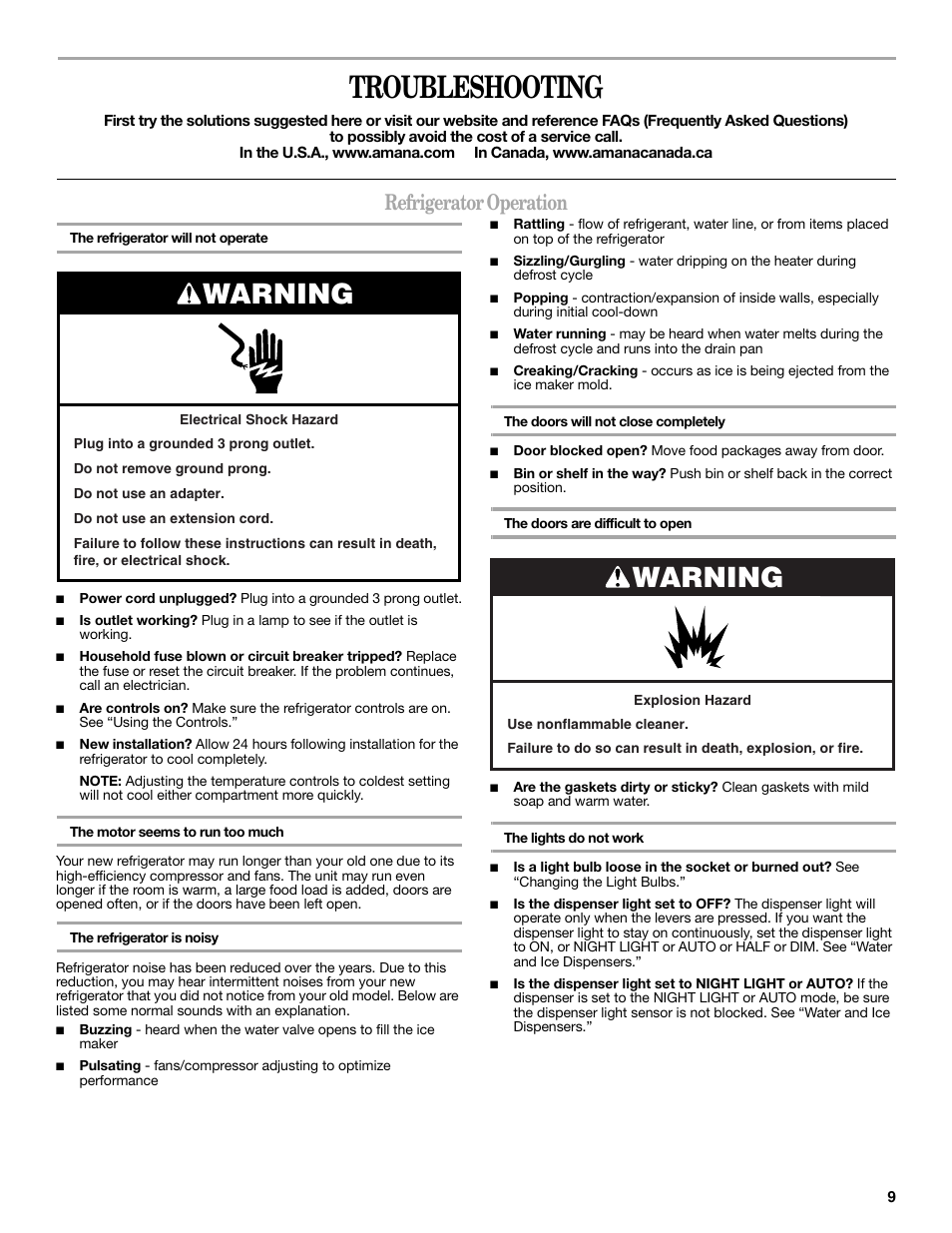 Troubleshooting, Warning, Refrigerator operation | Amana W10180388A User Manual | Page 9 / 42