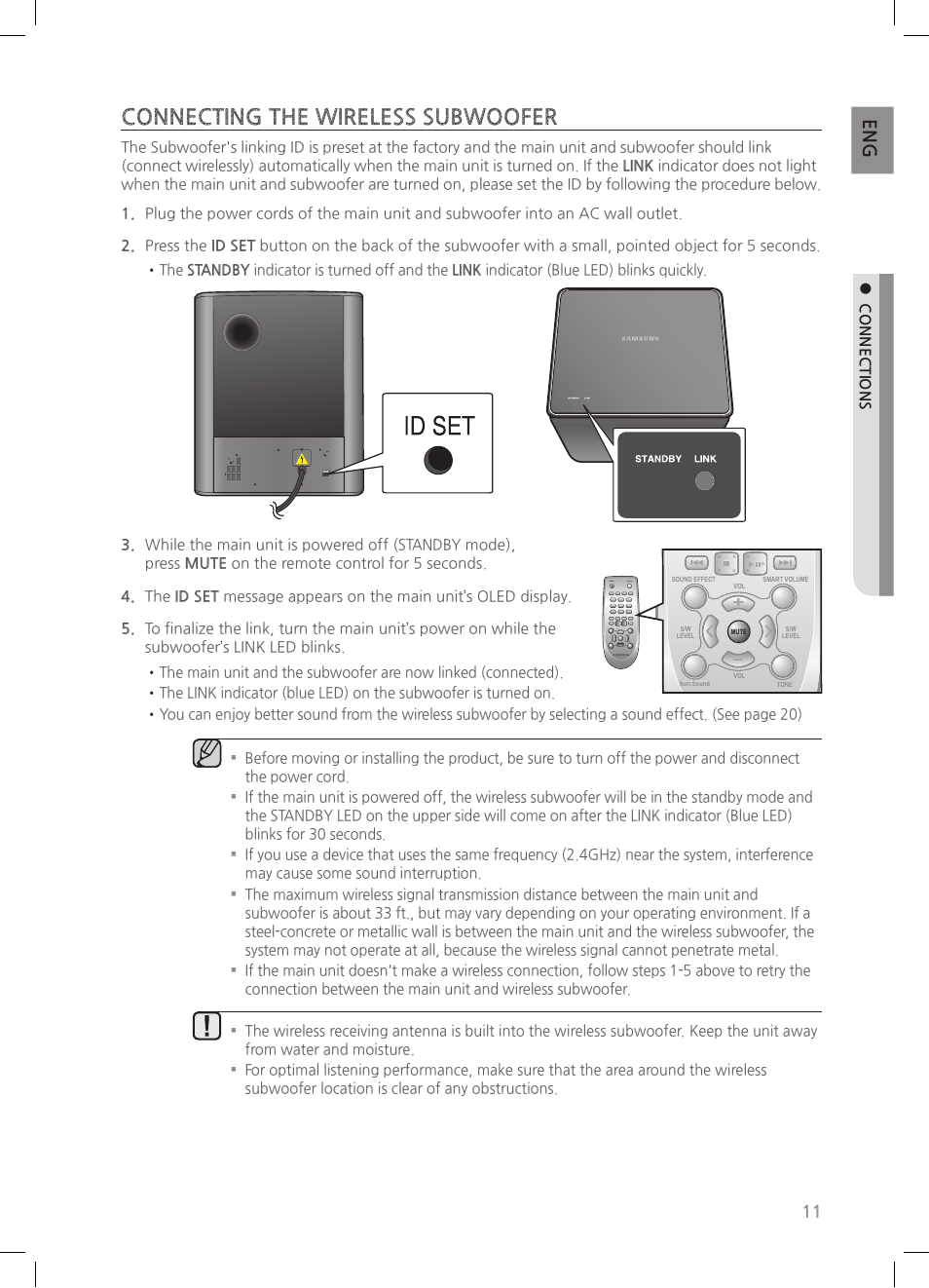 Connecting the wireless subwoofer, Connections | Samsung HW-H550-ZA User Manual | Page 11 / 26